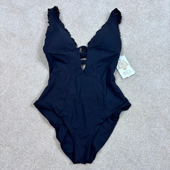 BECCA by Rebecca Virtue Frills Plunge Black Lace Trim V Neck One Piece Sz S NWT - Picture 2 of 9